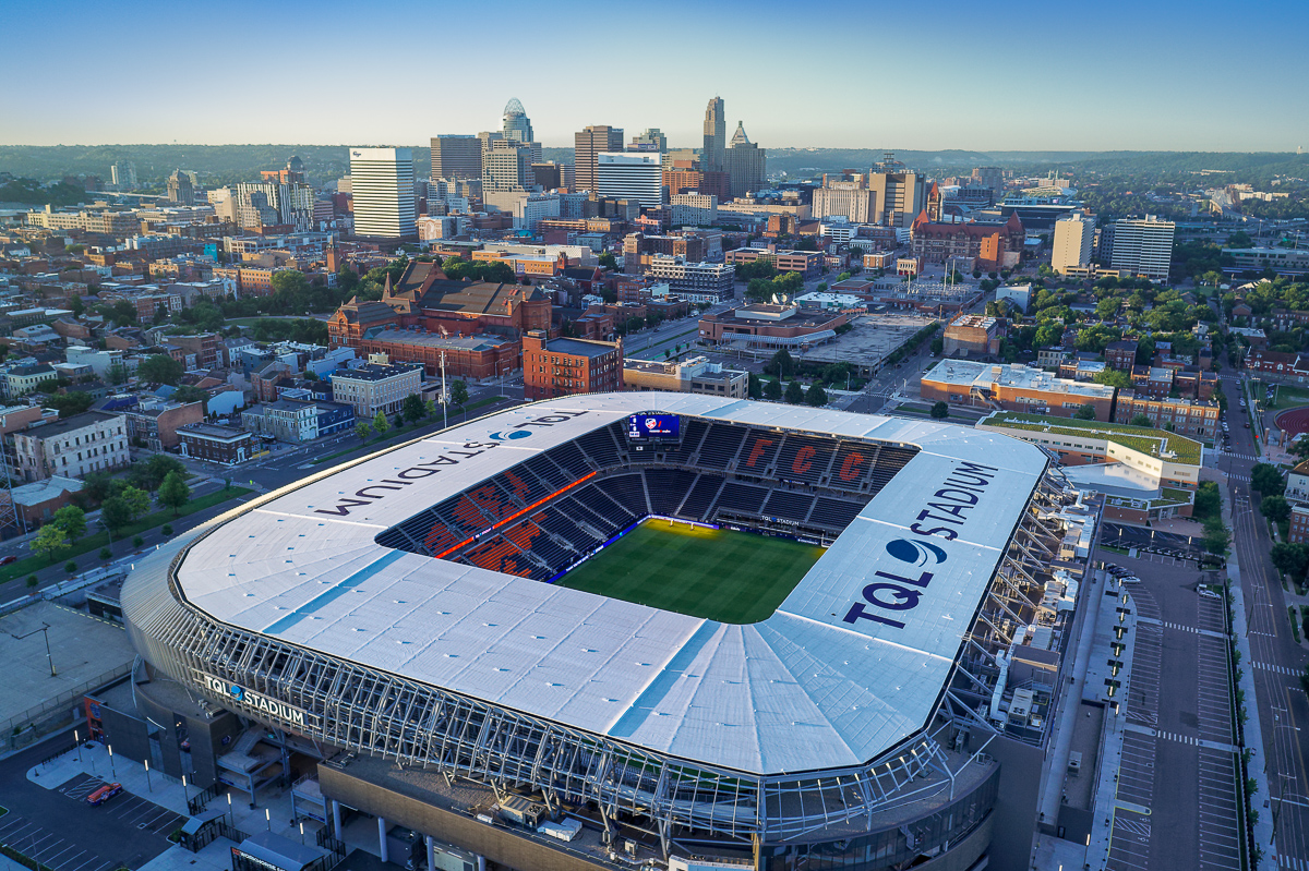 Drones are becoming more common and important when photographing architecture. This architectural view of TQL Soccer stadium in Cincinnati, Ohio was made possible using a drone.