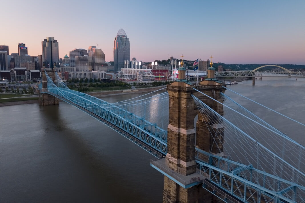 Roebling Suspension bridge crossing the Ohio River in Kentucky and Ohio